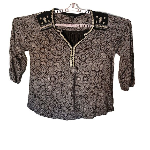Lucky Brand Tops - Lucky‎ Brand Shirt Women's Size 1X Black White Boho Print 3/4 Sleeve V Neck